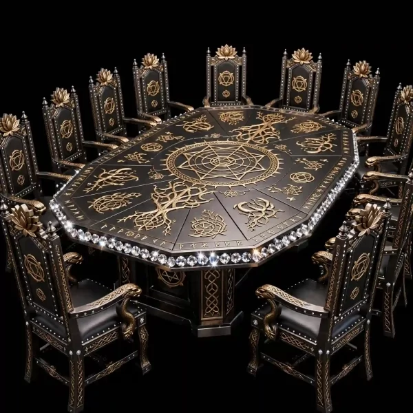 The Asgardian Yggdrasil Lotus Diamond Rune 12 Seater Octagon Black Obsidian Dining Set - ExpensiveE Norse God Collection
