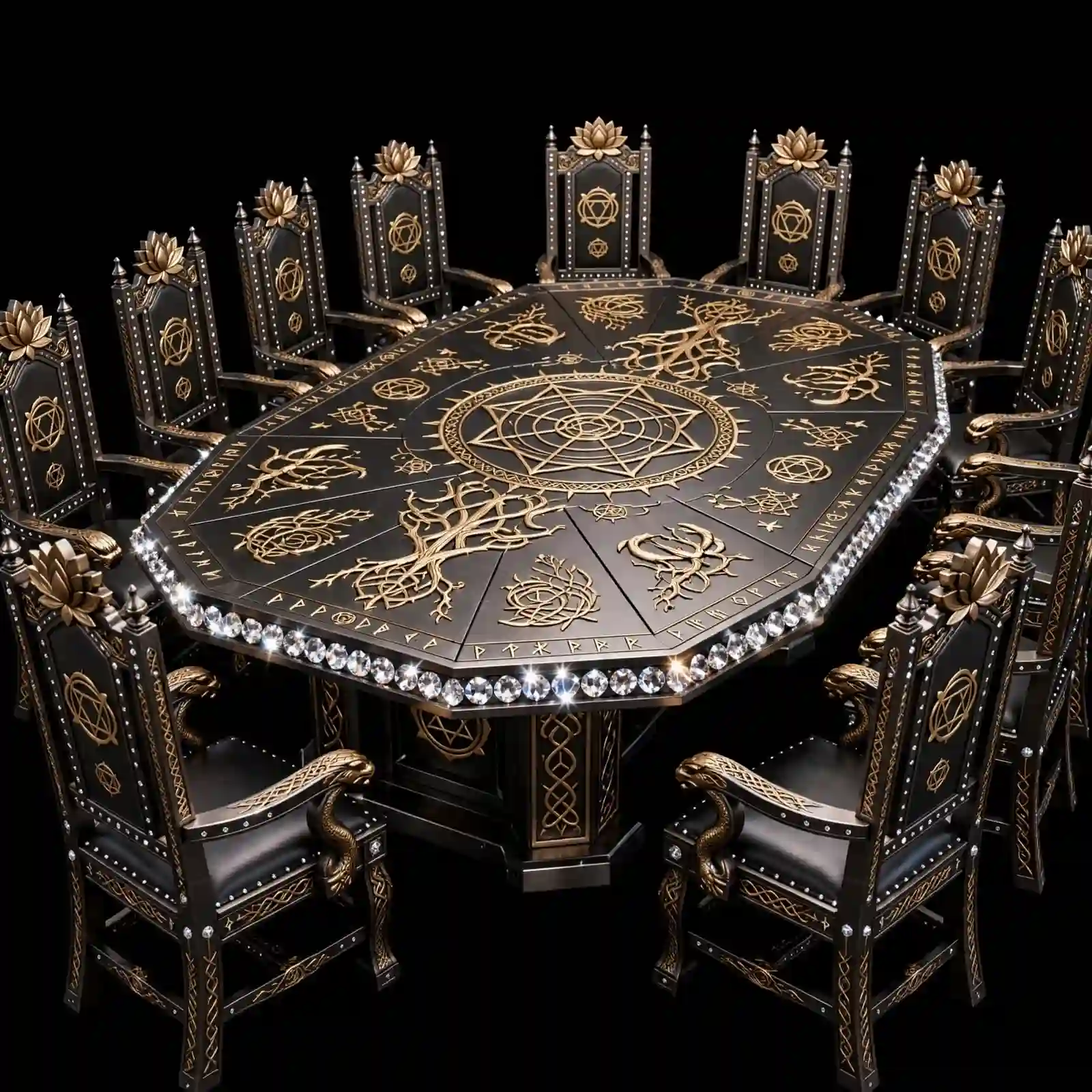 The Asgardian Yggdrasil Lotus Diamond Rune 12 Seater Octagon Black Obsidian Dining Set - ExpensiveE Norse God Collection