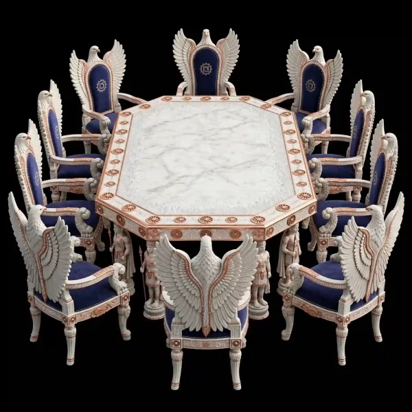 Ashoka Lion Chakra Royal Dining Set - Walnut Gold 3 Seater Oval
