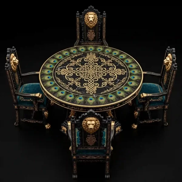 The Aslan Lion King Peacock Mandala Black Gold 4 Seater Round Dining Set - ExpensiveE Narnia Lion Collection