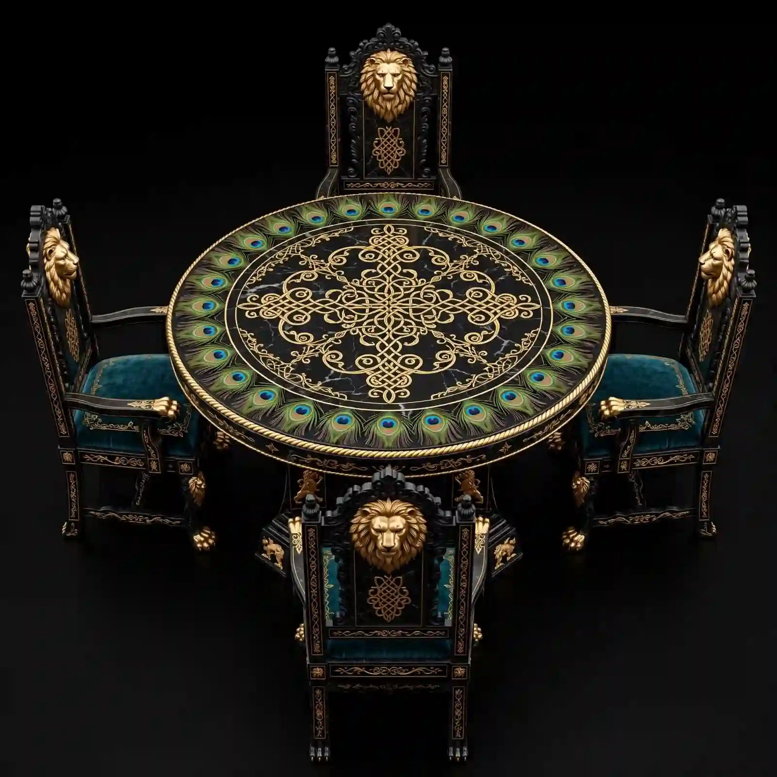 The Aslan Lion King Peacock Mandala Black Gold 4 Seater Round Dining Set - ExpensiveE Narnia Lion Collection