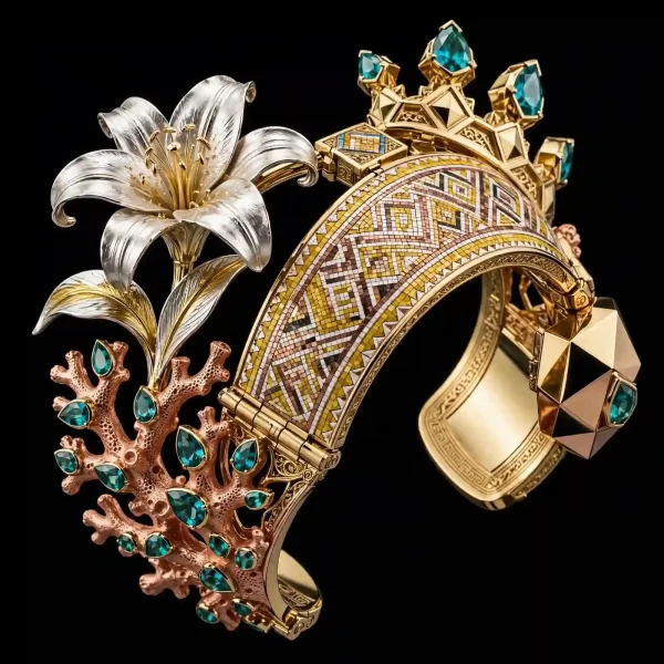 Lily Coral Reef Paraiba Mosaic Gold Crown Cuff Bracelet