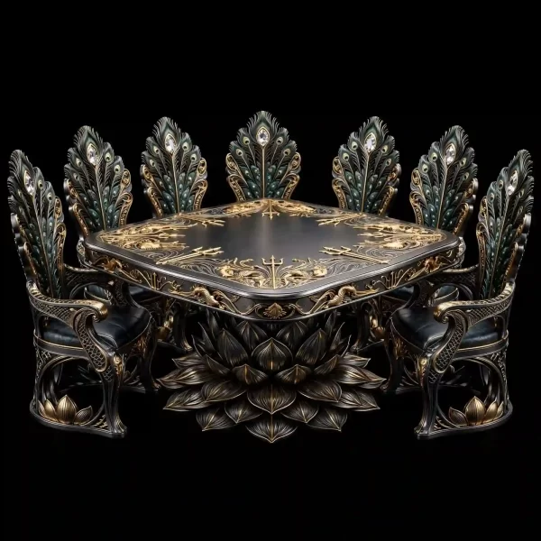 Mayura Trident Black Lotus 8 Seater Gold Dining Set