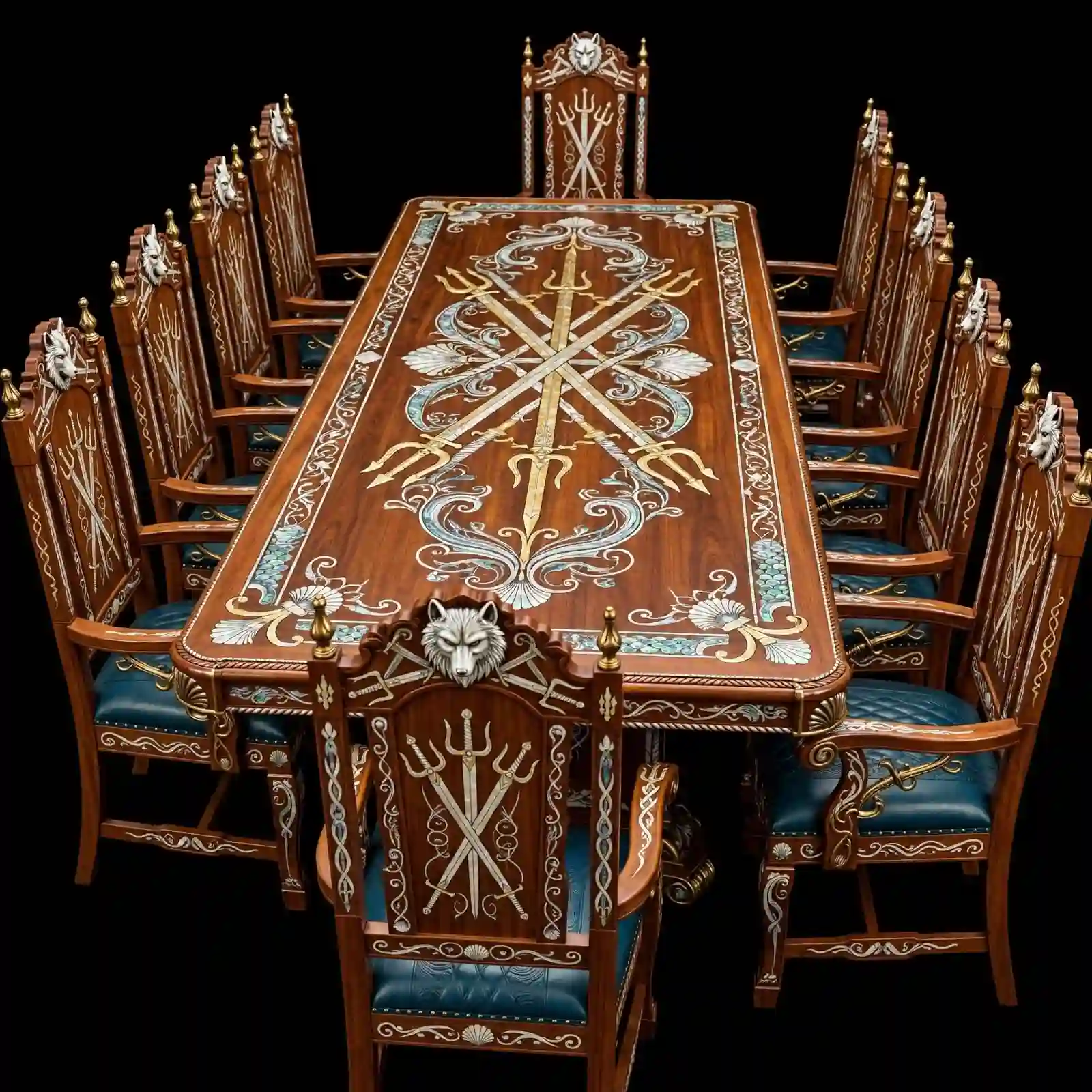 The Atlantean Dragon Trident Sword Cross 12 Seater Round Black Gold War Council Dining Set - ExpensiveE Poseidon Collection