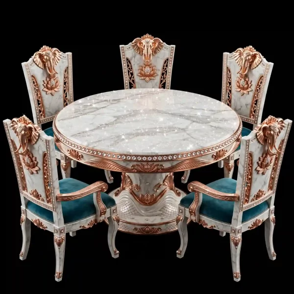 Airavata Rose Lotus 6 Seater Round Marble Dining Set