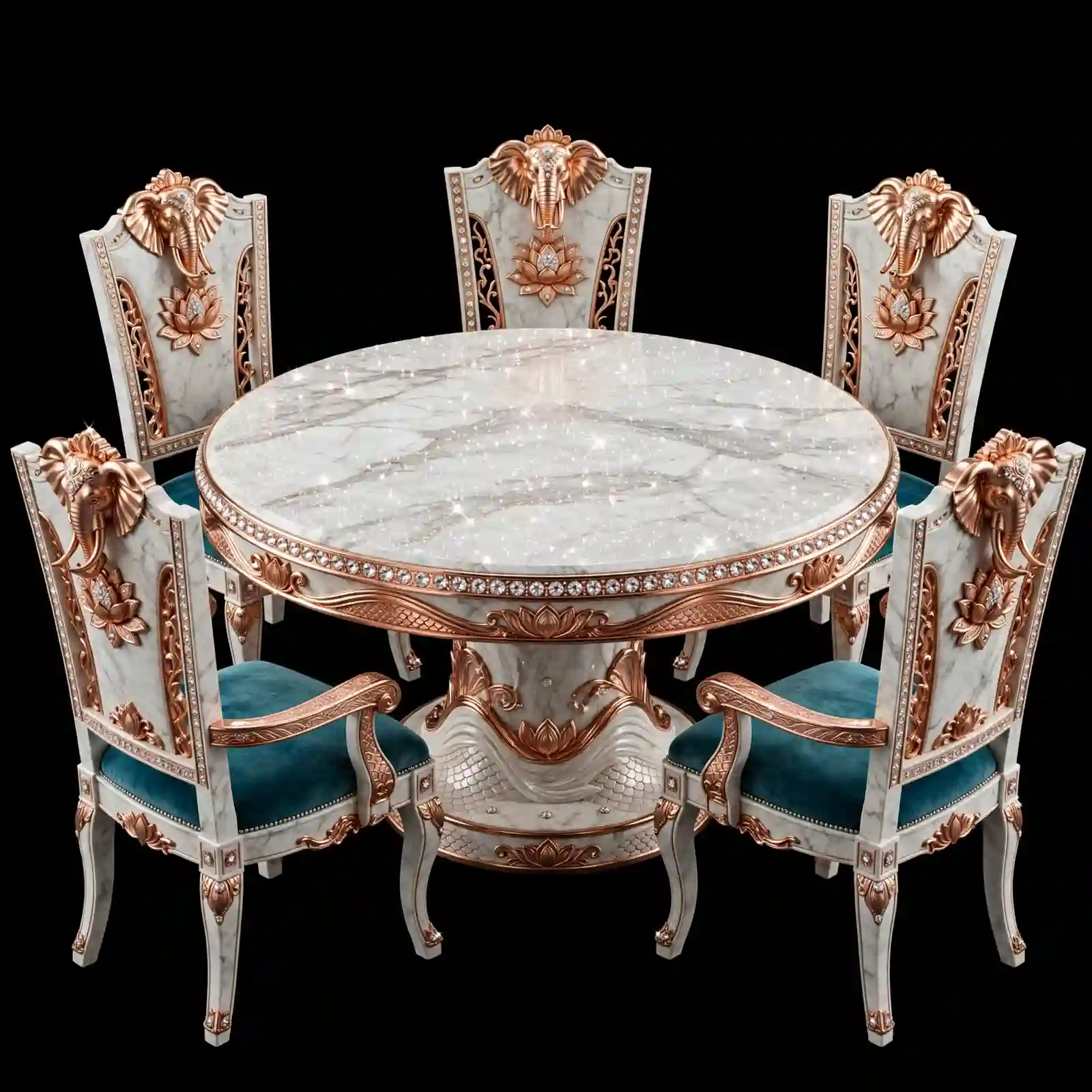 Airavata Rose Lotus 6 Seater Round Marble Dining Set
