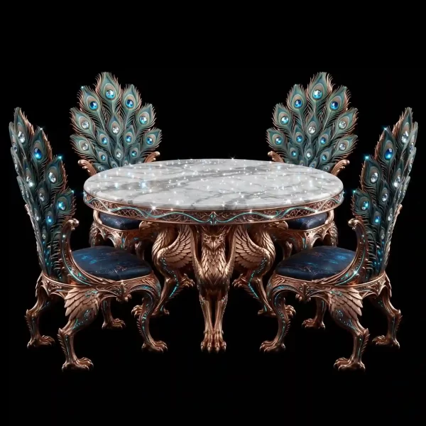 The Avatar Pandora Peacock Feather Diamond Stardust Marble 4 Seater Dining Set - ExpensiveE Bioluminescent Collection