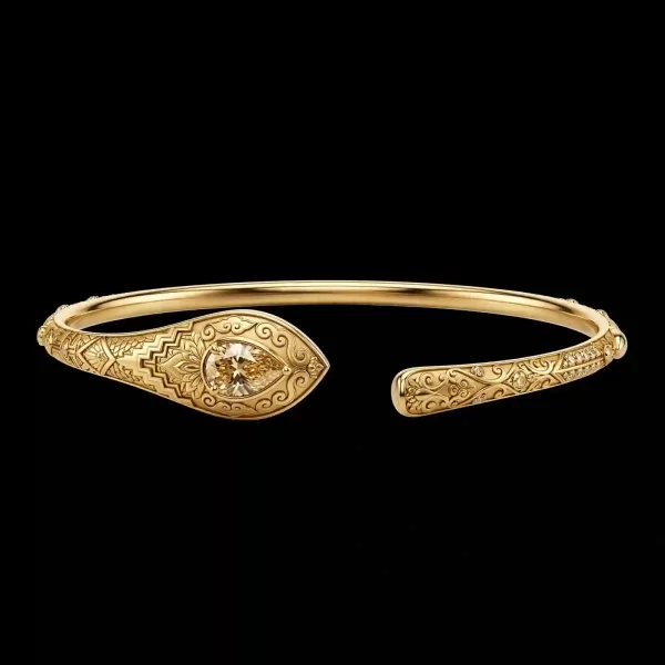 Aztec Ming Acorn Cuff Bangle - Gold Pear Diamond Pear 2ct Aztec Filigree Open Cuff