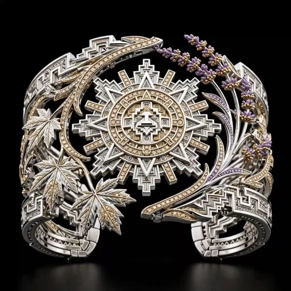 The Aztec Sun Lavender Amethyst Champagne Diamond Maple Leaf Temple Hinged Cuff Bangle - ExpensiveE Aztec Sun Collection 01/01