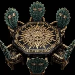 The Aztec Sun God Black Onyx Gold Peacock Eye Diamond 6 Seater Octagon Dining Set - ExpensiveE Sun Calendar Edition
