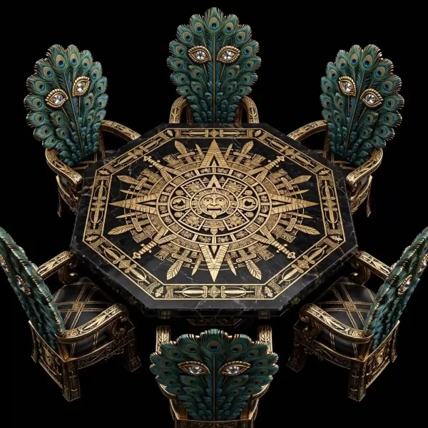 The Aztec Sun God Black Onyx Gold Peacock Eye Diamond 6 Seater Octagon Dining Set - ExpensiveE Sun Calendar Edition
