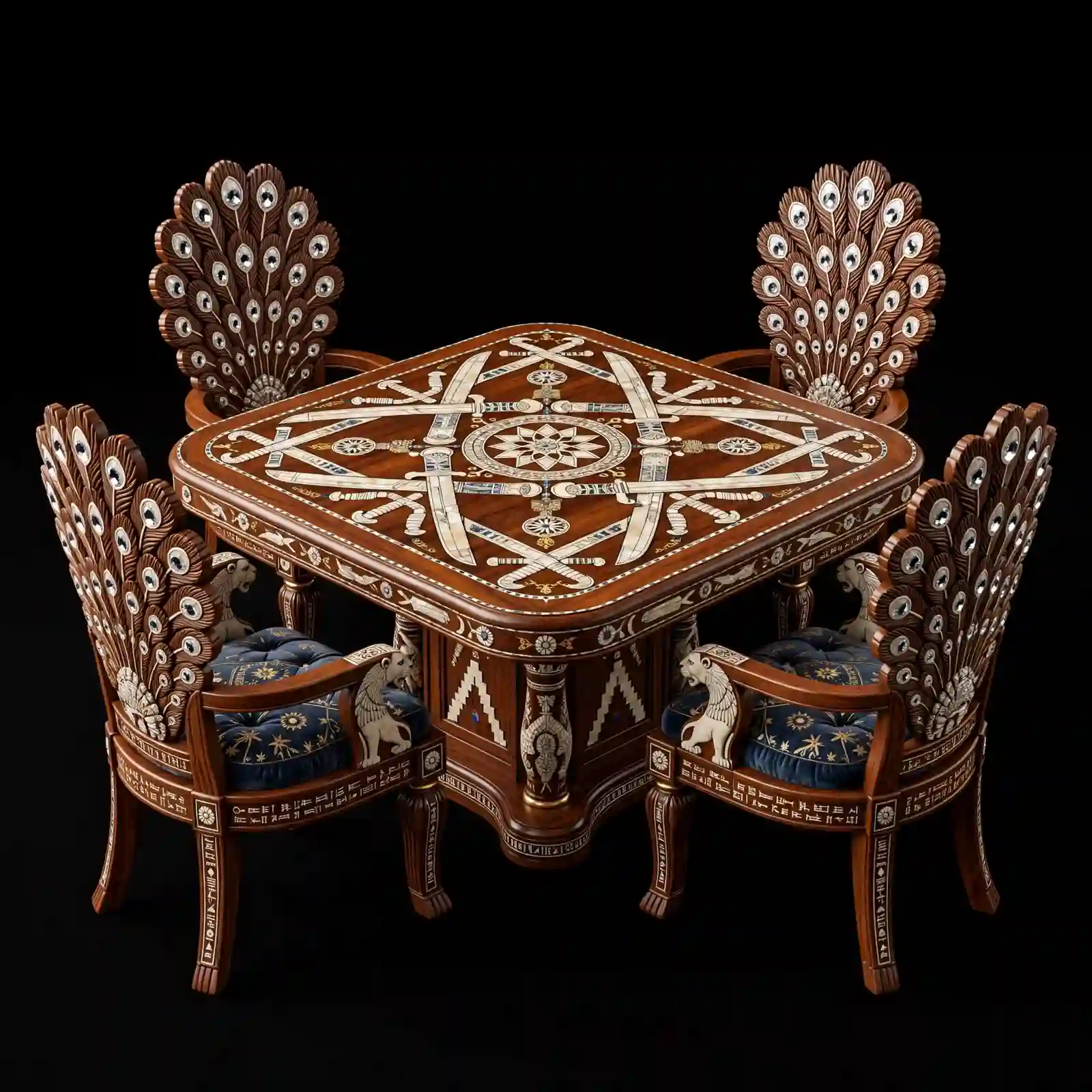 Ishtar Peacock Crystal Sword 4 Seater Square Dining Set