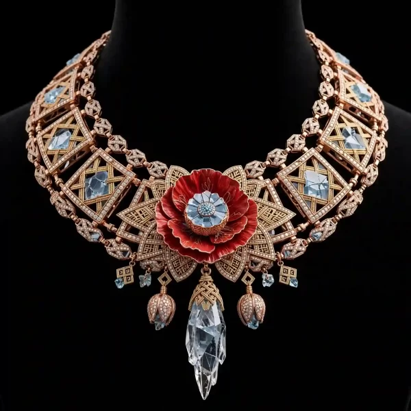 The Berber Glacier Poppy Red Enamel Ice Crystal Aquamarine Diamond Collar Necklace - ExpensiveE Berber Glacier Collection 01/01