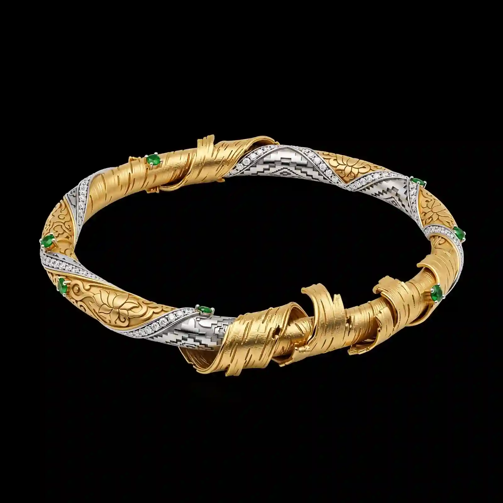 Birch Bark Gold Diamond Bangle - Gold Platinum Birch Bark Diamond Emerald Twist