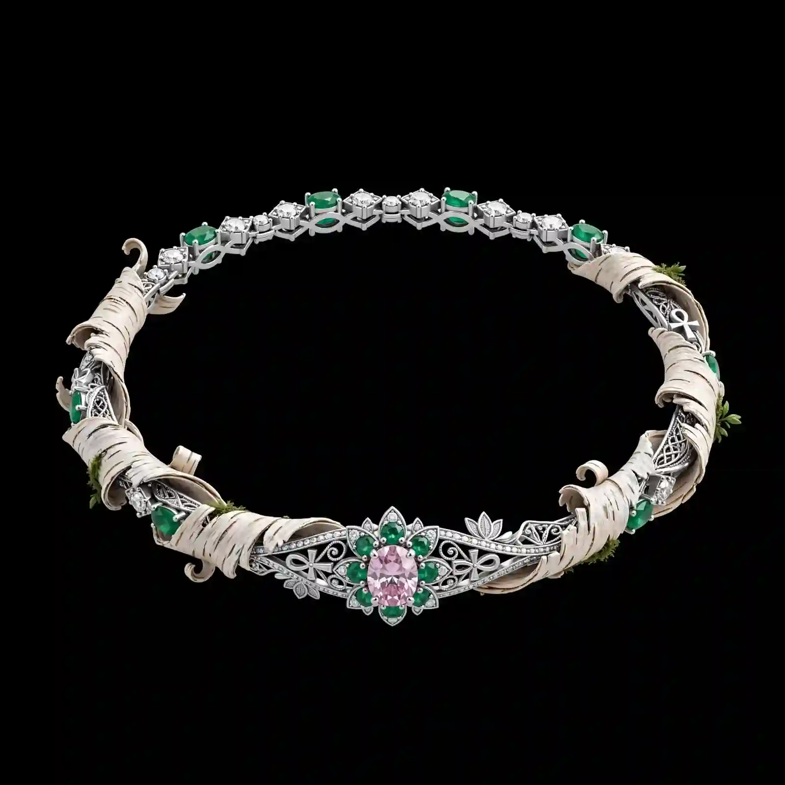 Birch Bark Emerald Diamond Tennis Bracelet - Platinum Birch Bark Pink Diamond Emerald Diamond Lotus