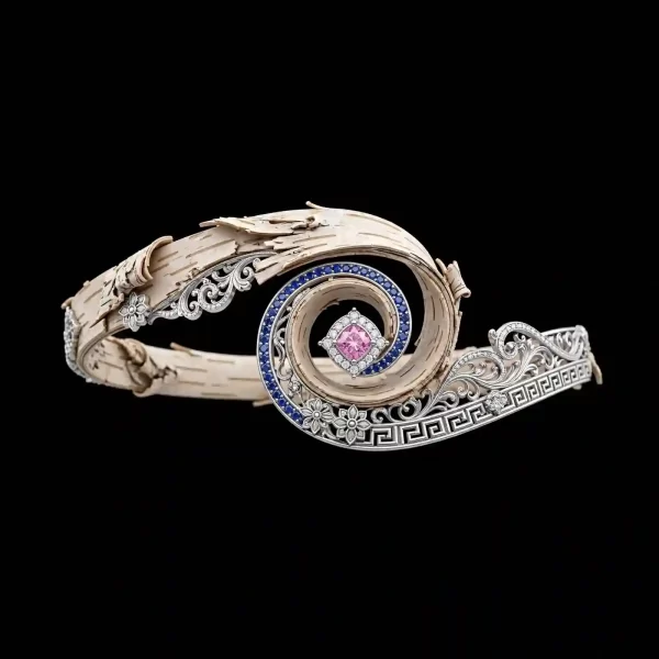 The Birch Bark Spiral Halo Pink Sapphire Diamond Wrap Bangle - ExpensiveE Birch Spiral Collection 01/01