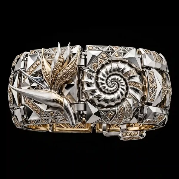 The Bird of Paradise Nautilus Champagne Diamond Gold Platinum Aztec Geometric Temple Hinged Cuff Bangle - ExpensiveE Bird of Paradise Nautilus Collection 01/01