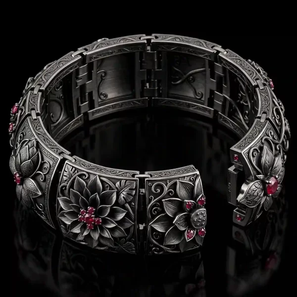 The Black Lotus Ruby Gothic Temple Hinged Lotus Flower Cuff Bangle - ExpensiveE Black Lotus Gothic Collection 01/01