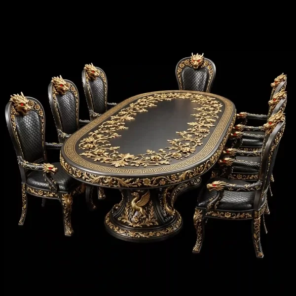 Black Titanium Dragon Royal Dining Set - Black Gold 8 Seater Oval Dragon