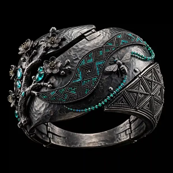 The Cherry Blossom Bee Paraiba Tourmaline Black Platinum Hammered Leaf Beaded Cuff Bangle - ExpensiveE Cherry Blossom Collection 01/01