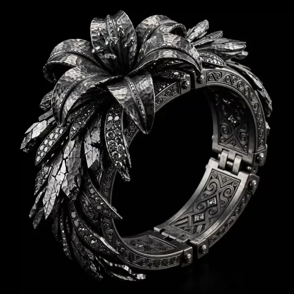 Floral Orbital Garnet Tsavorite Platinum Bangle - Blackened Platinum Floral Lattice Garnet Tsavorite Orbital Ring