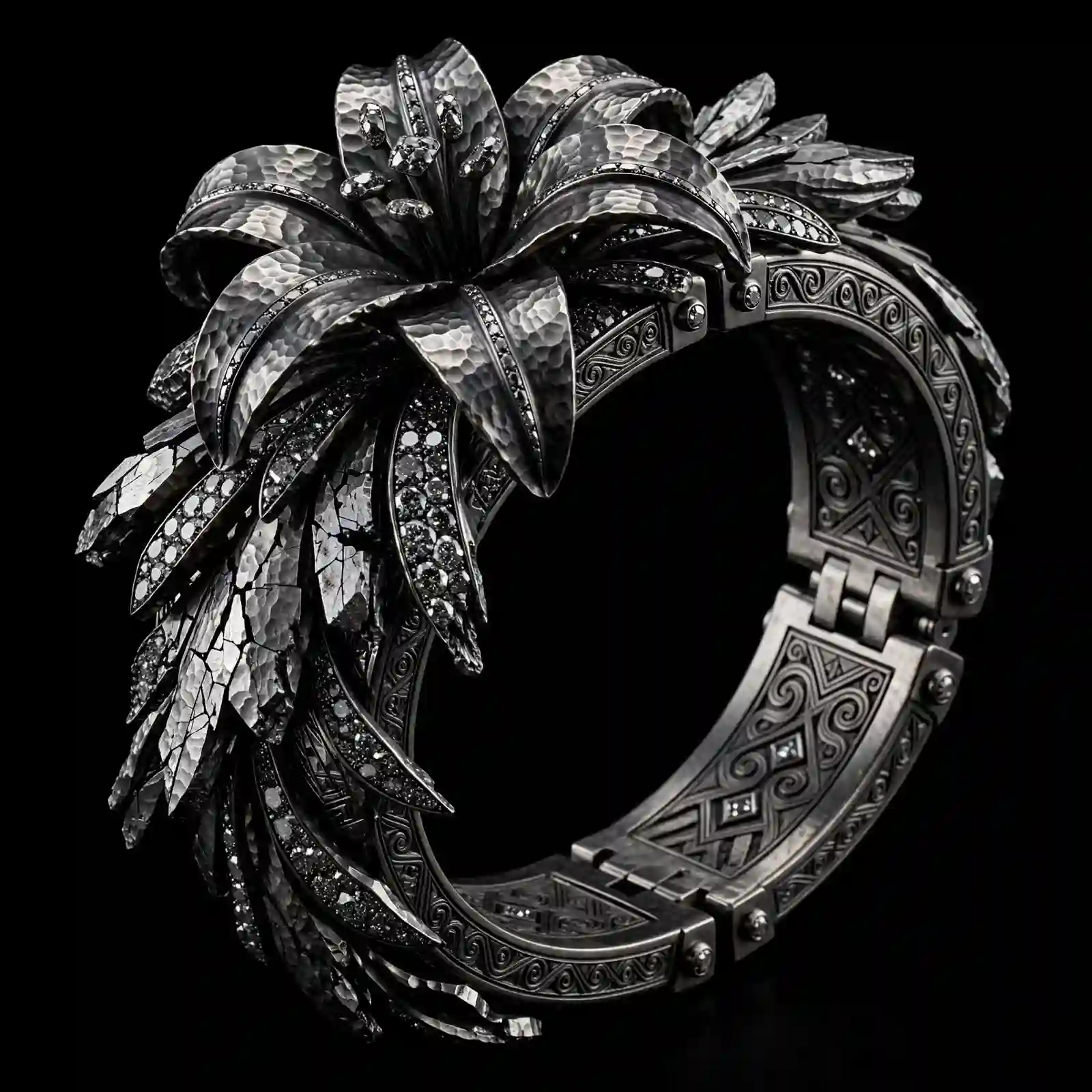 Floral Orbital Garnet Tsavorite Platinum Bangle - Blackened Platinum Floral Lattice Garnet Tsavorite Orbital Ring
