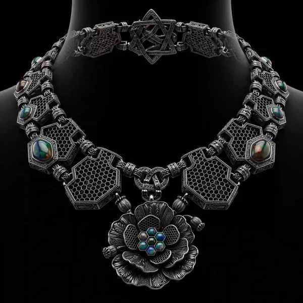 Poppy Honeycomb Black Opal Gothic Platinum Temple Necklace