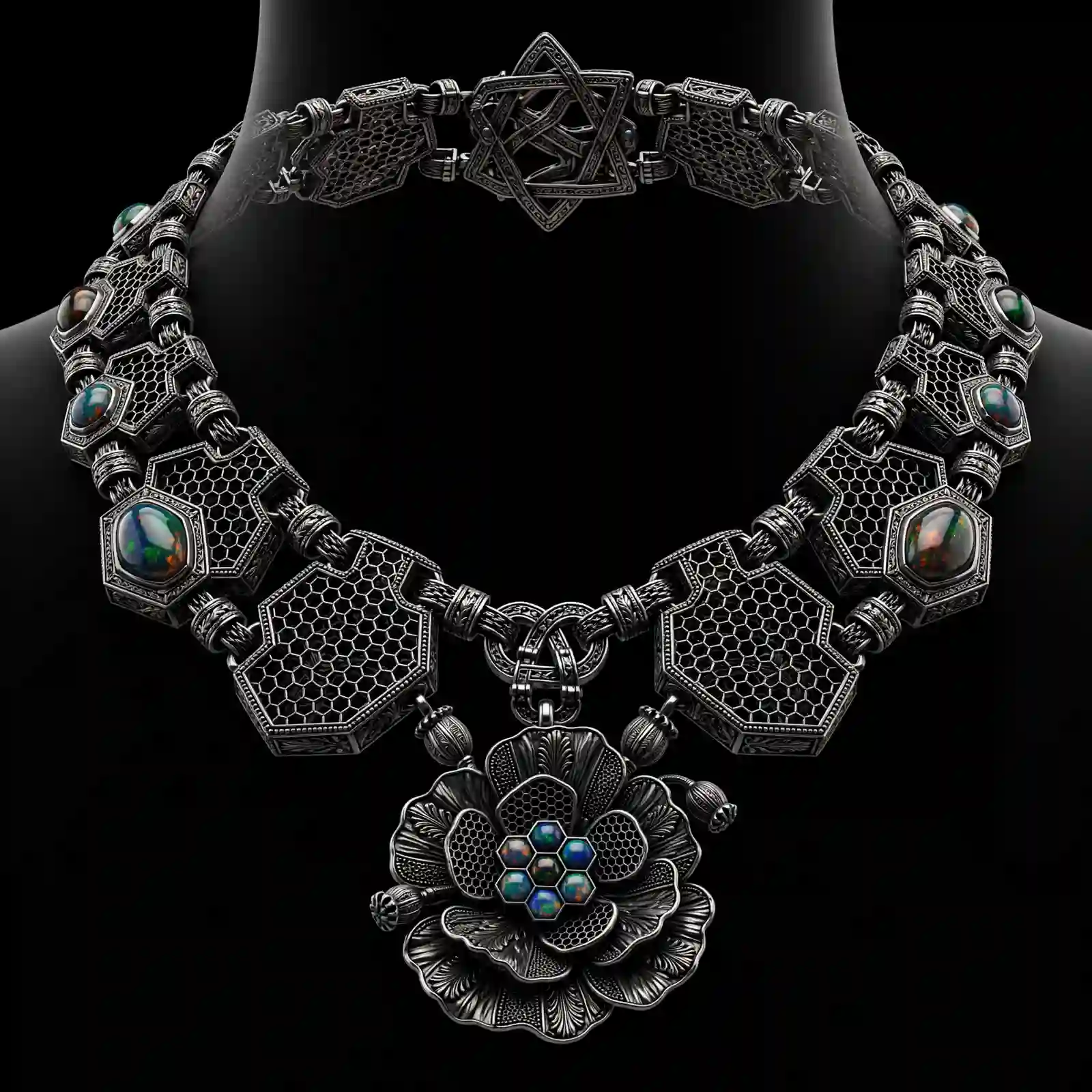 Poppy Honeycomb Black Opal Gothic Platinum Temple Necklace