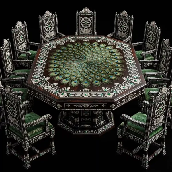 The Byzantine Peacock Feather Ashoka Chakra Lotus 10 Seater Octagon Imperial Dining Set - ExpensiveE Peacock Chakra Collection