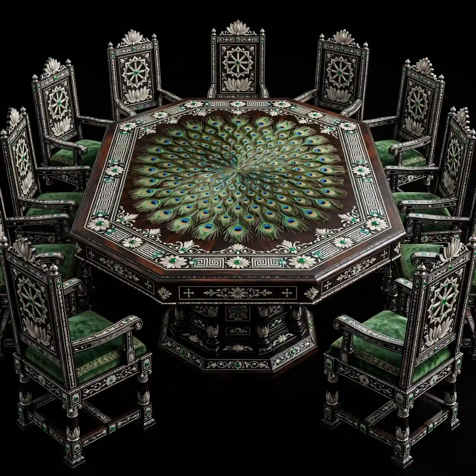 The Byzantine Peacock Feather Ashoka Chakra Lotus 10 Seater Octagon Imperial Dining Set - ExpensiveE Peacock Chakra Collection