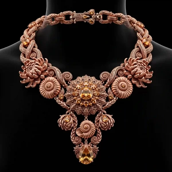 Chrysanthemum Seashell Citrine Rose Gold Necklace - Rose Gold Chrysanthemum Seashell Citrine Braided Filigree