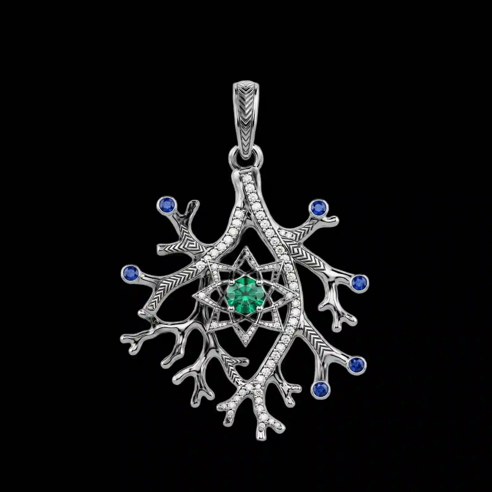 Coral Branch Star Emerald Pendant - Branch Sapphire Diamond Tree