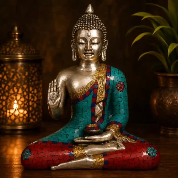 Dhyana Buddha Turquoise Coral Mosaic Platinum Brass Idol