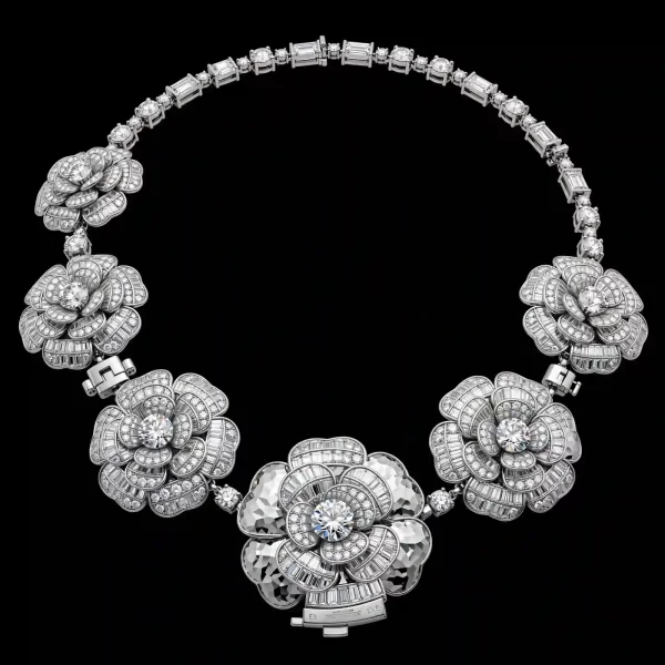 Camellia Bloom Emerald Baguette Diamond Flower Necklace