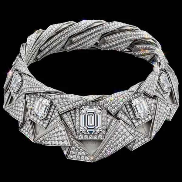 Origami Emerald Cut Diamond Collar - Platinum Origami Fold Emerald Diamond Collar