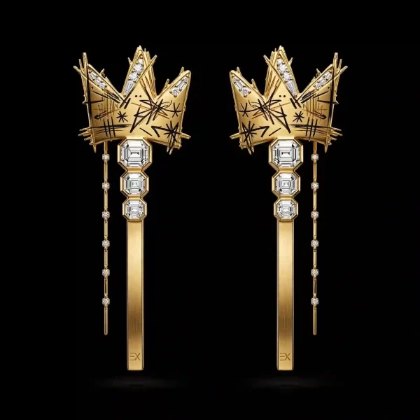 Basquiat Crown Graffiti Gold Diamond Drop Earrings
