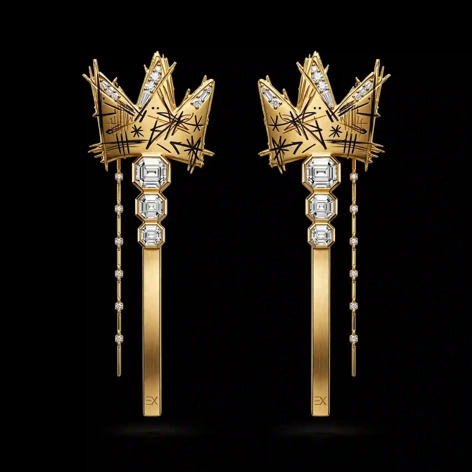 Basquiat Crown Graffiti Gold Diamond Drop Earrings