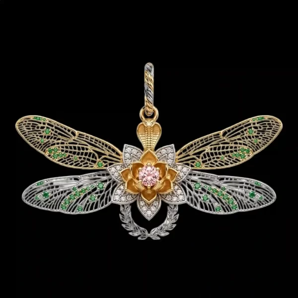 Dragonfly Lotus Cobra Gold Pendant - Lotus Pink Diamond Emerald Wings