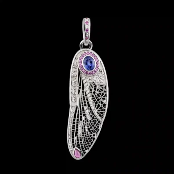 Dragonfly Wing Filigree Gold Pendant - Wing Emerald Diamond Tulip