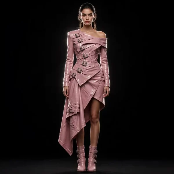 Akela Buckle Dynasty ExpensiveE Dusty Pink Patent Leather Asymmetric Buckle Dress