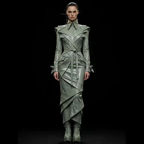 Akela Sage Origami ExpensiveE Sage Green Leather Wrap Belted Dress with Pointed Shoulders