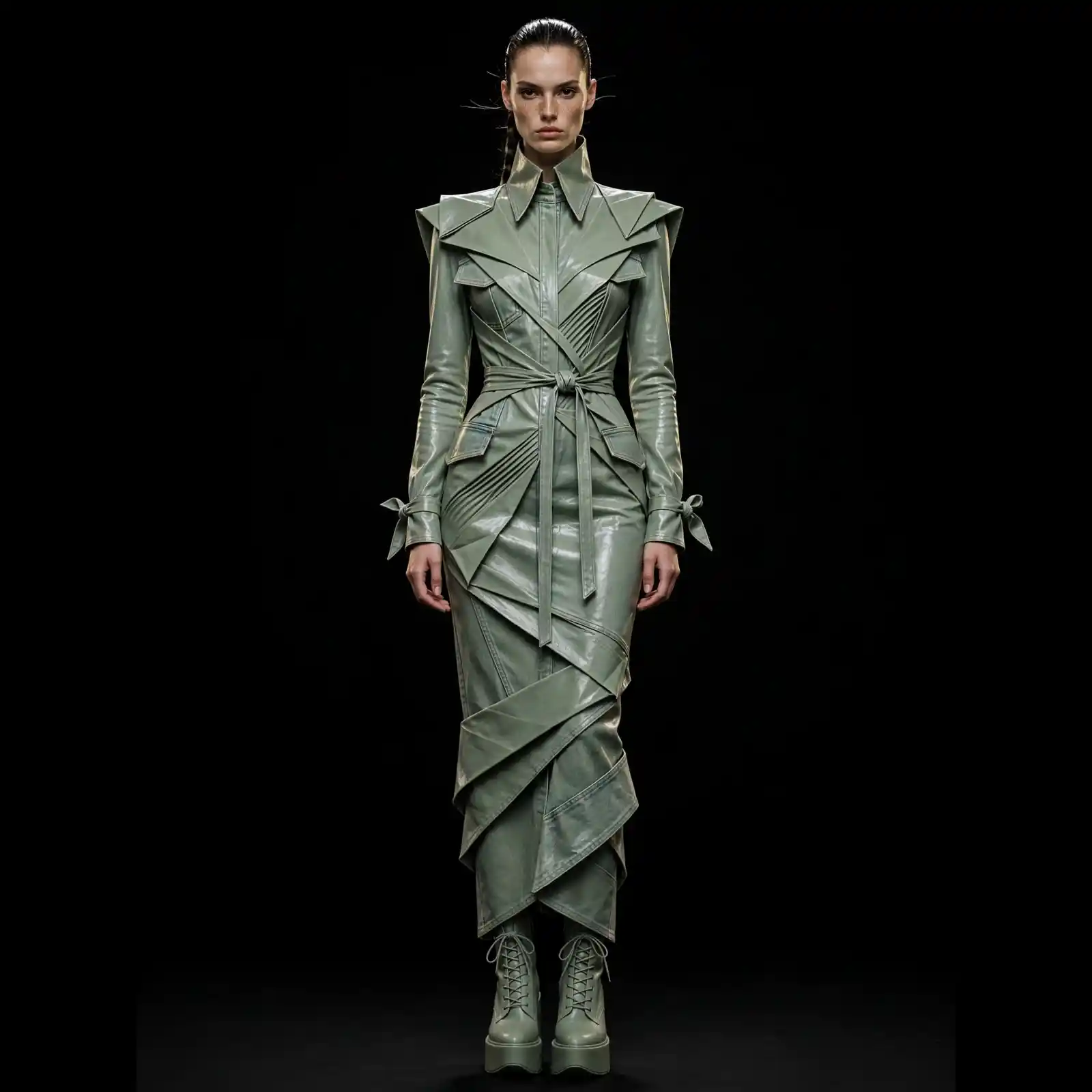 Akela Sage Origami ExpensiveE Sage Green Leather Wrap Belted Dress with Pointed Shoulders