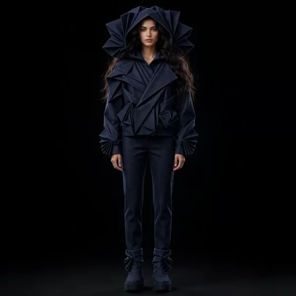 Akela Denim Origami ExpensiveE Indigo Denim Fan Hood Couture Set with Jeans
