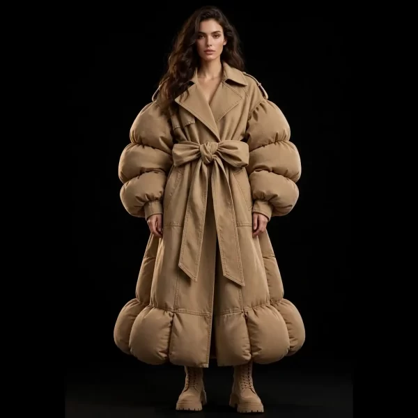 Akela Puff Sentinel ExpensiveE Camel Beige Puffed Trench Bubble Dress with Giant Bow Belt