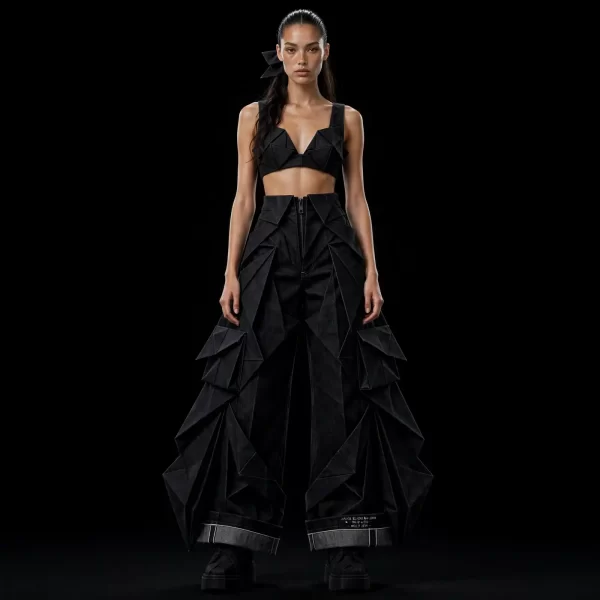 Akela Shadow Origami ExpensiveE Black Denim Geometric Cargo Bralette and Pants Set