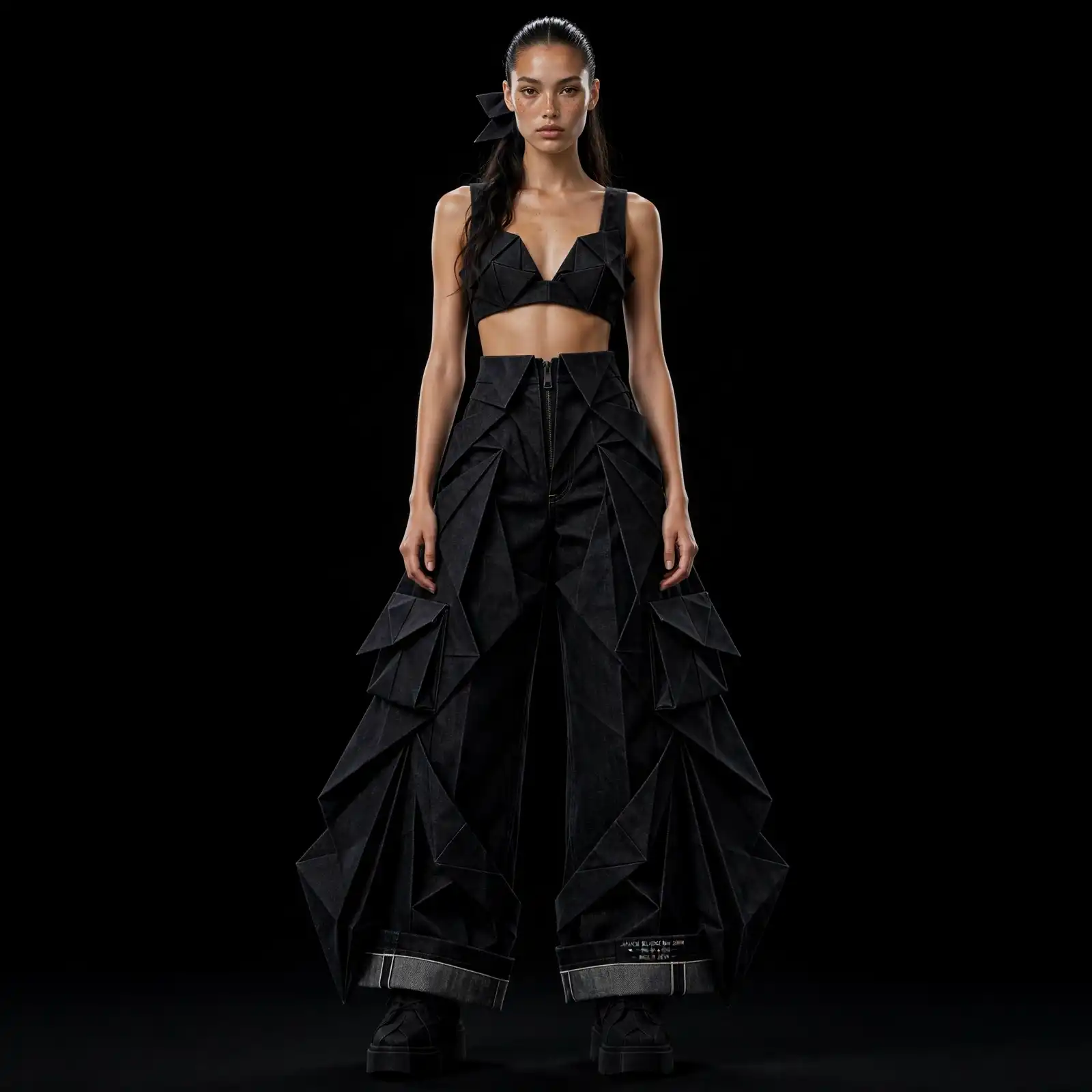 Akela Shadow Origami ExpensiveE Black Denim Geometric Cargo Bralette and Pants Set