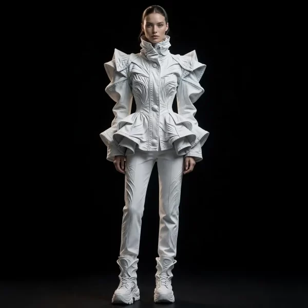 Akela Ice Sculpt ExpensiveE White Denim Ruffle Armor Peplum Couture Set