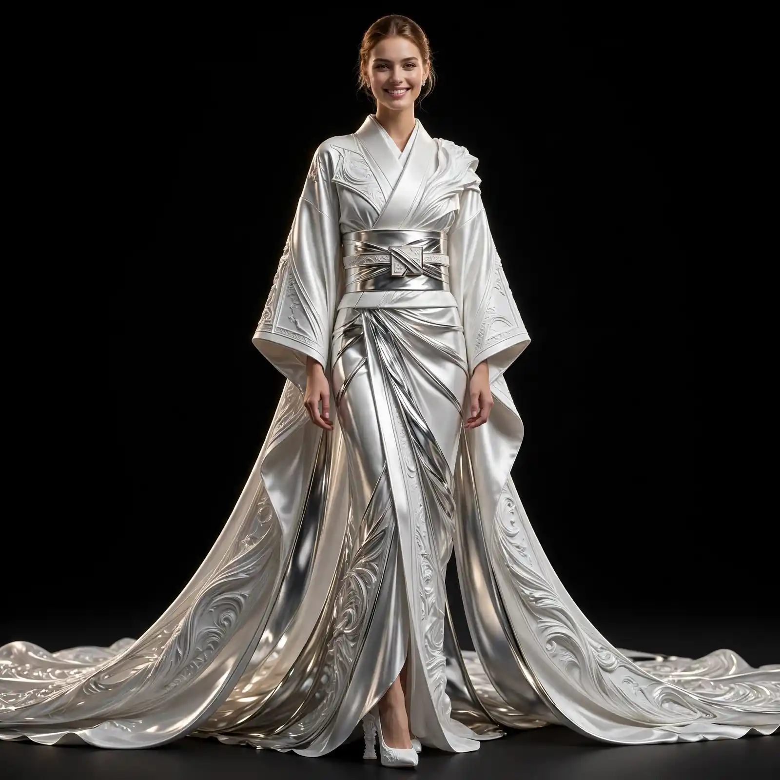 Akela Silver Kimono ExpensiveE White Silver Metallic Draped Obi Gown with Train