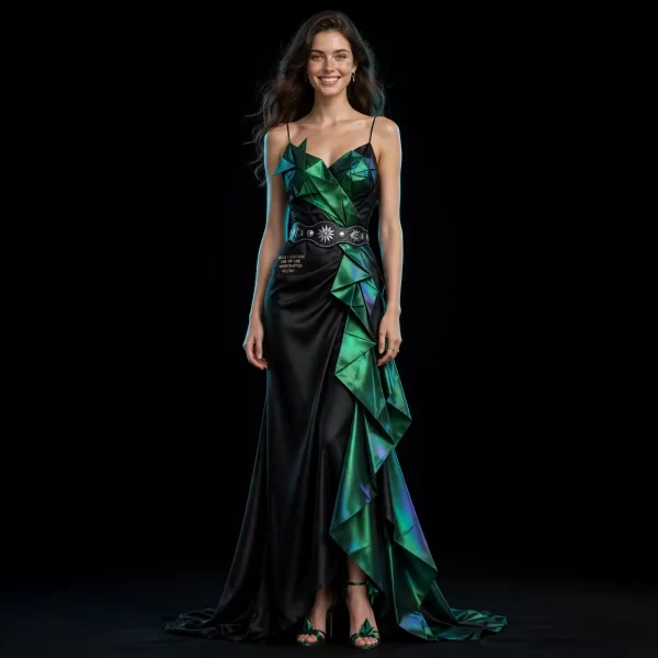 Akela Emerald Origami ExpensiveE Green Iridescent Origami Ruffle Mermaid Western Gown