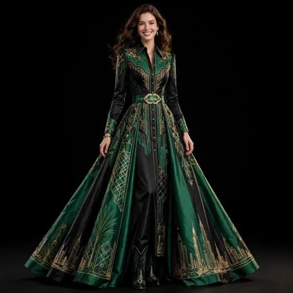 Akela Metropolis Crown ExpensiveE Emerald Green Black Gold City Skyline BallGown Western